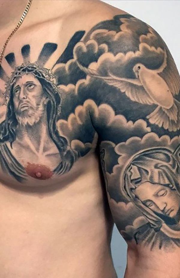 Cloudy Inspiring Heavenly Religious Shoulder Tattoo Tattoo on skin