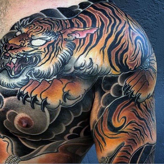 Crouching Growling Bengal Tiger Shoulder Tattoos Tattoo on skin
