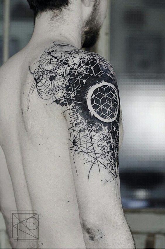 Black and White Geometric Honeycomb Pattern Shoulder Tattoos Tattoo on skin
