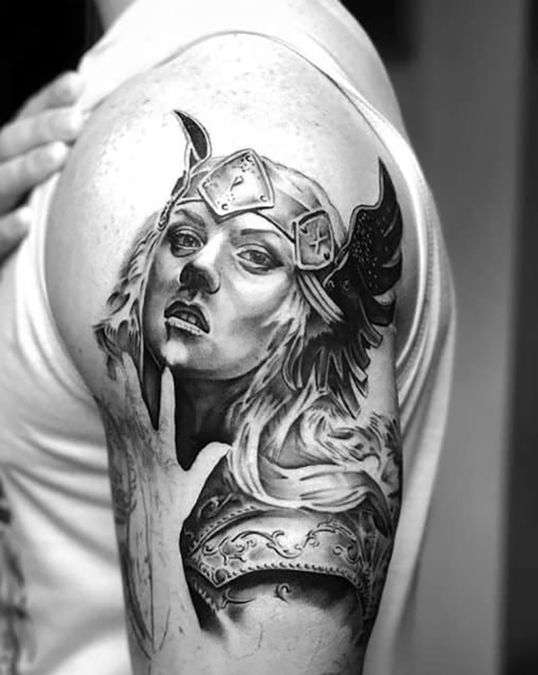 Black and White Roman Girl Warrior Shoulder Tattoos Tattoo on skin