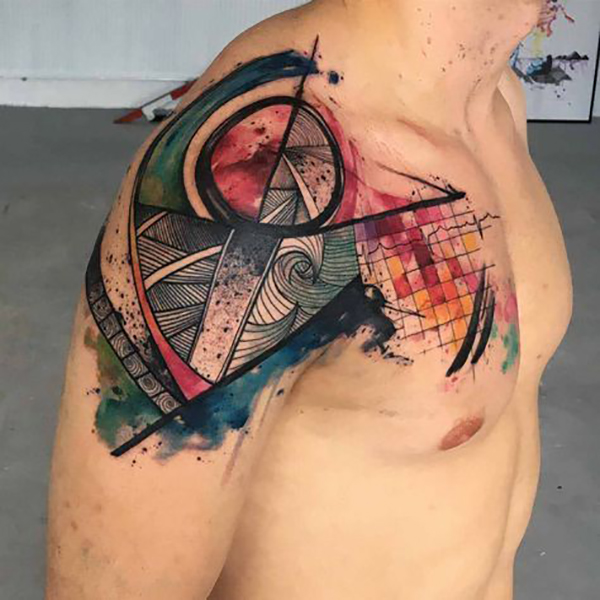 Bright Geometric Watercolor Ocean Shoulder Tattoos Tattoo on skin