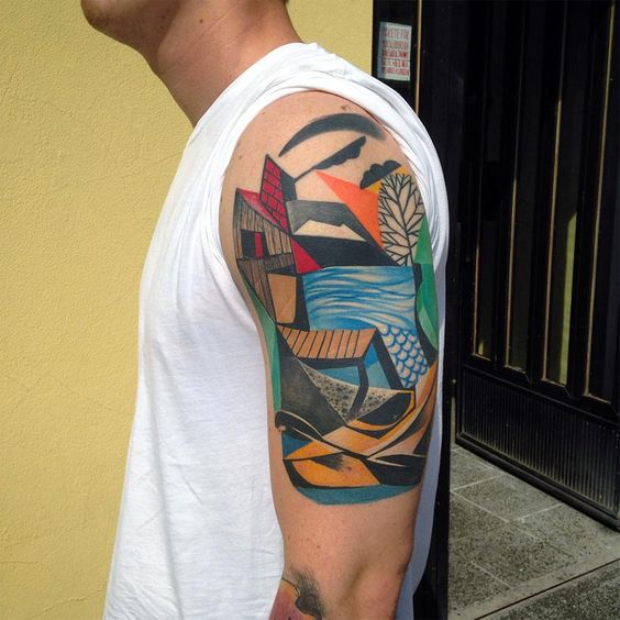 Brightly Colored Geometric Scene Shoulder Tattoo Tattoo on skin