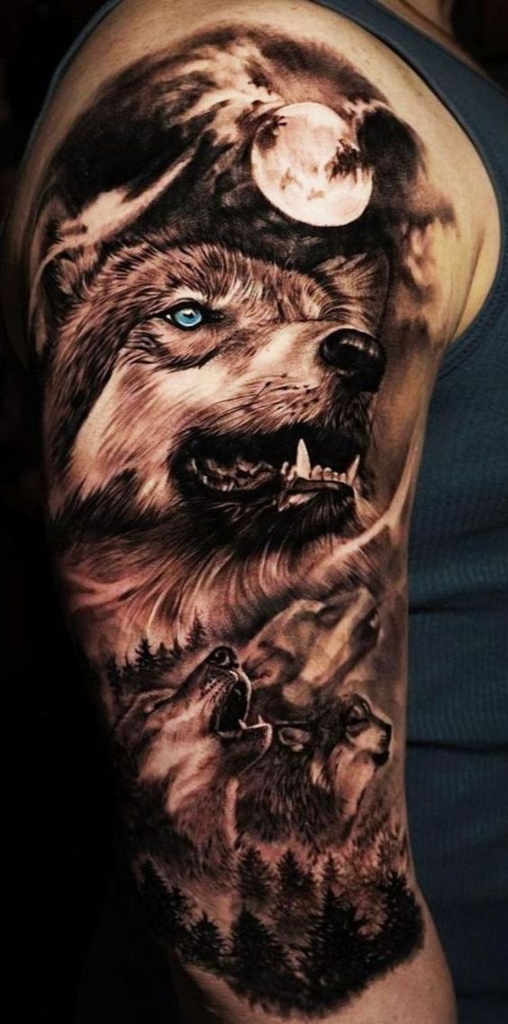 Night Wolf Moon Scene Shoulder Tattoo Ideas Tattoo on skin