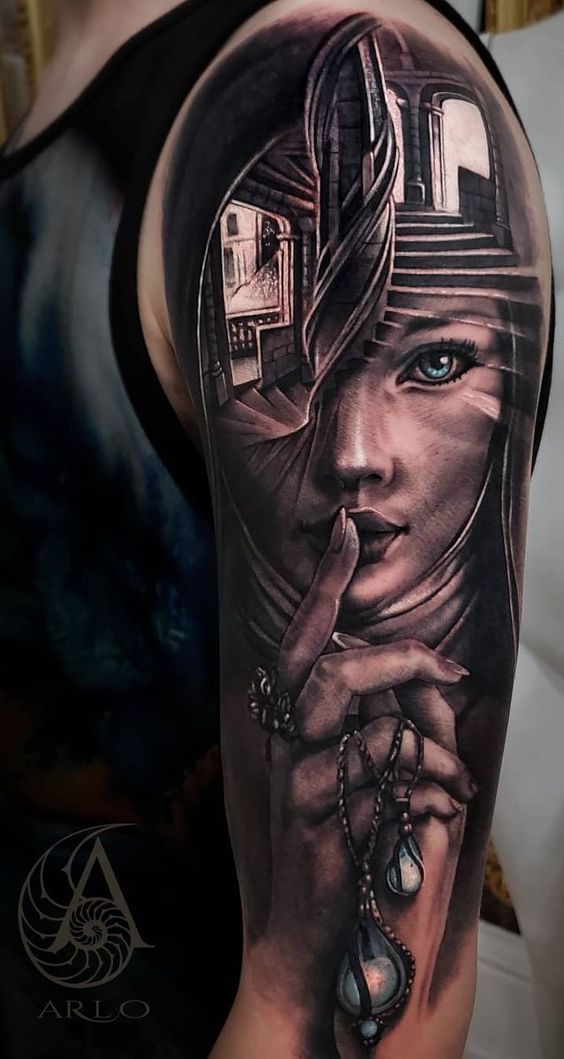 Secretive Half Robotic Woman Shoulder Tattoo Tattoo on skin