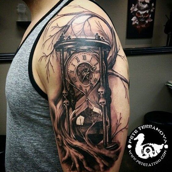 Spooky Dark Clock Hourglass Shoulder Tattoos Tattoo on skin