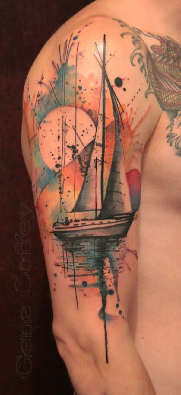 Watercolor Sailboat Scene Ocean Shoulder Tattoos Tattoo on skin