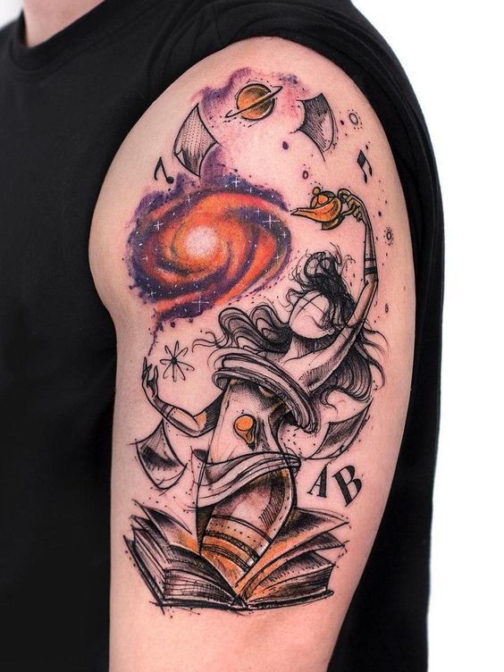 Woman Galaxy Planetary Conjurer Shoulder Tattoo Ideas Tattoo on skin