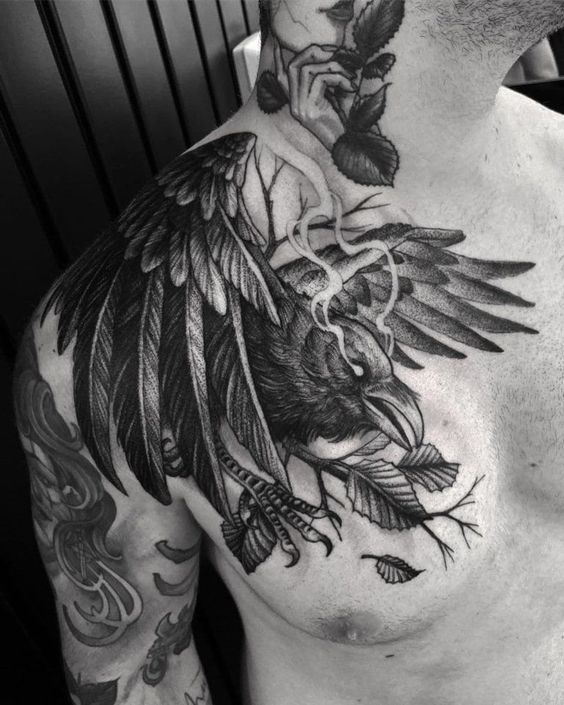 Spooky Smoky Raven Landing Shoulder Tattoos Tattoo on skin