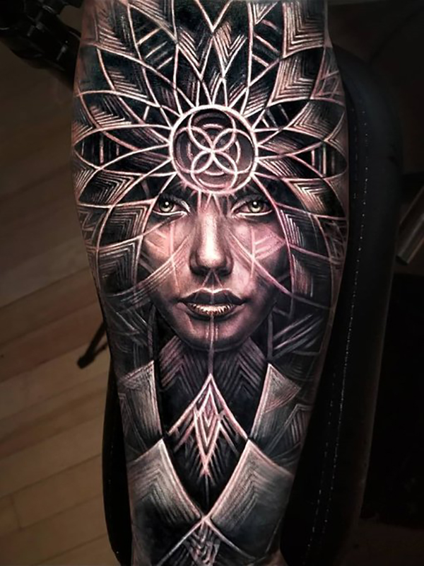 Warrior Goddess Unique Headpiece Shoulder Tattoos Tattoo on skin