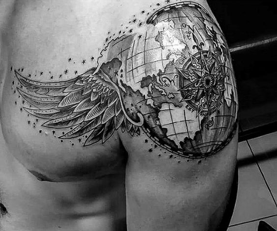 Winged World Map Explorer Shoulder Tattoos Tattoo on skin