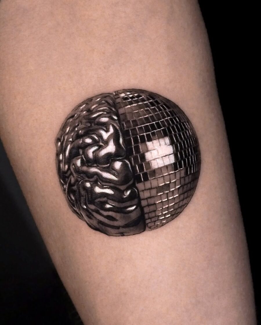 Innovative blend of brain and disco vibe tattoos Tattoo on skin