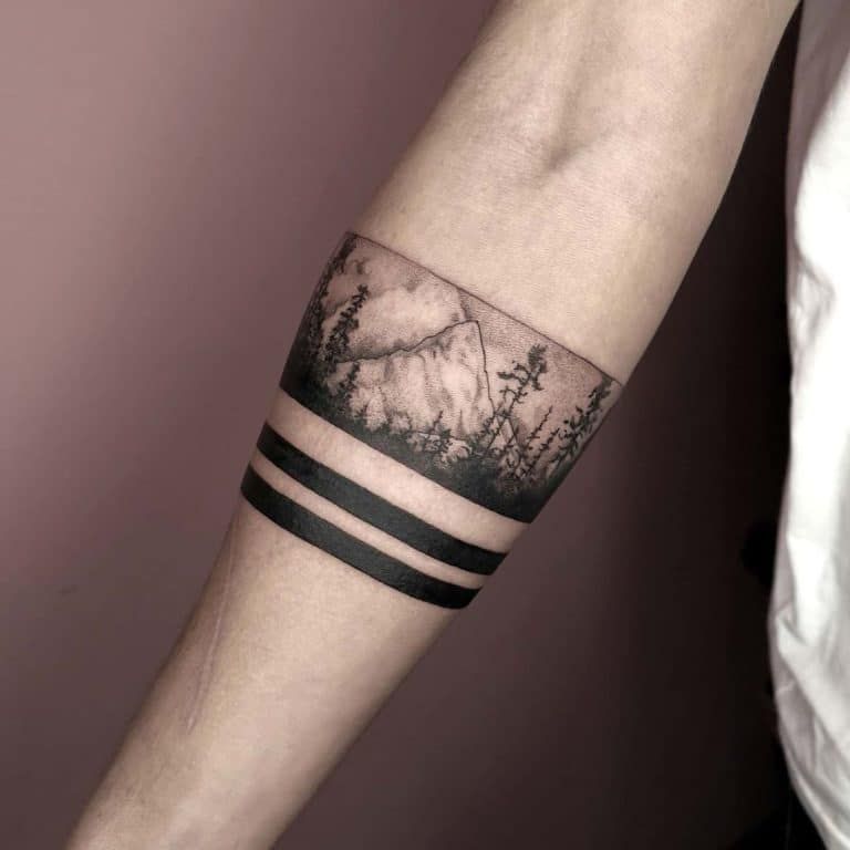 Parallel Line Arm Band and Landscape Tattoo Tattoo on skin
