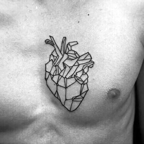 Simple Chest Tattoo with Modern Geometric Heart Tattoo on skin