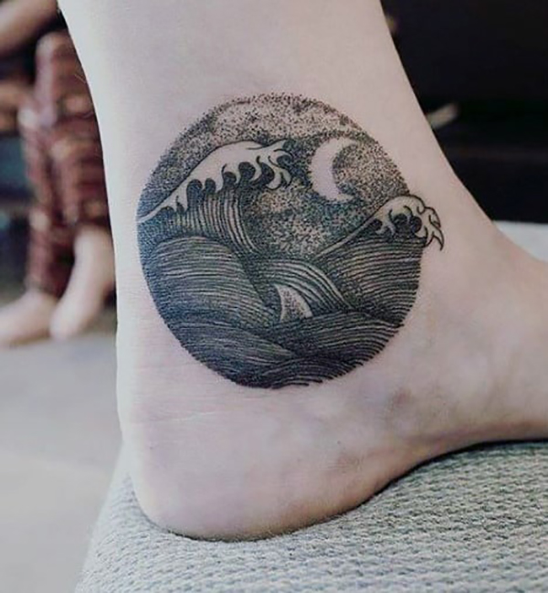 Simple, Detailed Ocean and Moon Simple Tattoo Designs Tattoo on skin