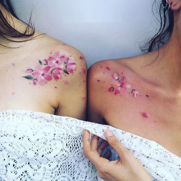 Beautiful Purple Flower Shoulder Sister Tattoos Tattoo on skin
