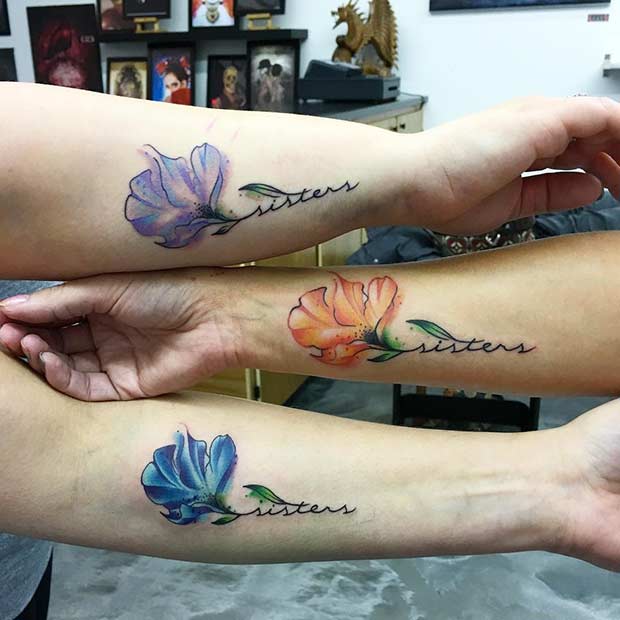 Colored Flower Matching Sister Tattoos Tattoo on skin