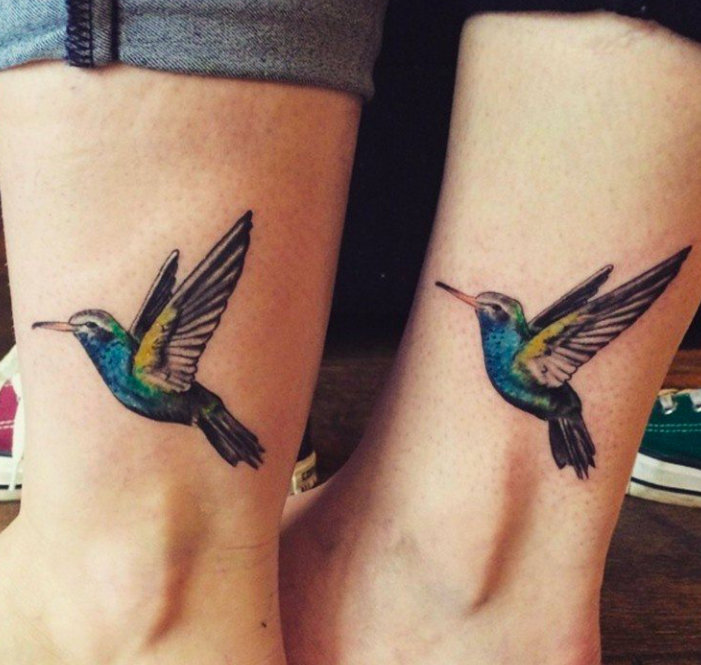 Colorful Hummingbird Matching Sister Tattoos Tattoo on skin