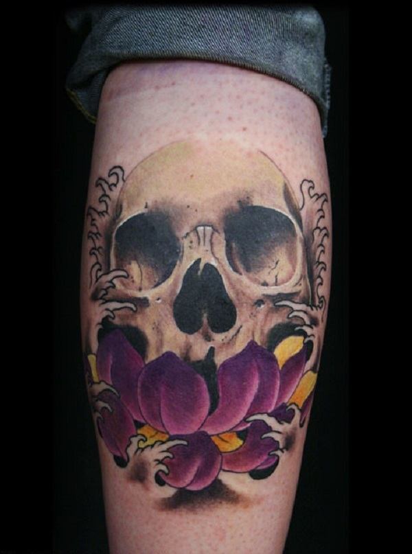 Japanese inspired sugar skull tattoo on leg Tattoo on skin