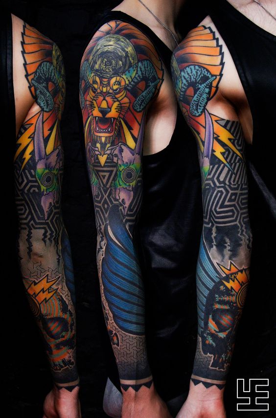 Abstract Eclectic Skull and Horned Lion Tattoo Tattoo on skin