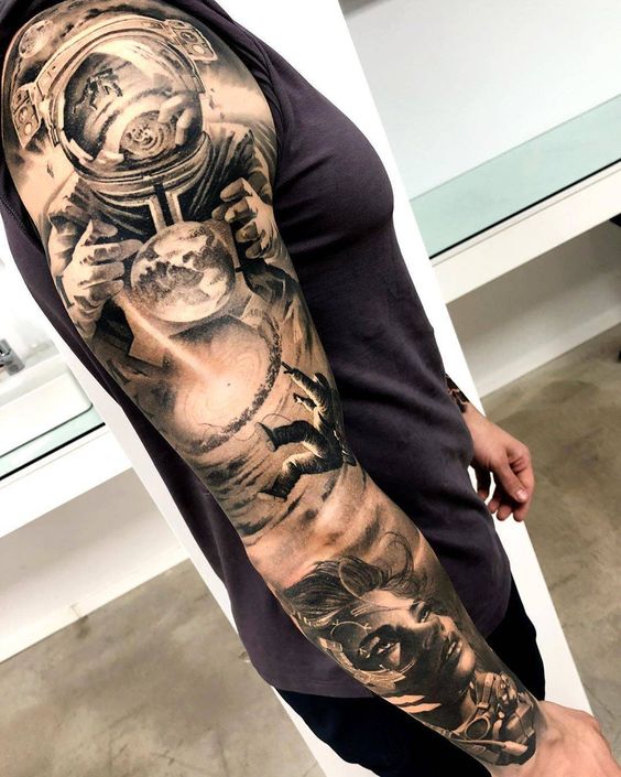 An Astronaut Dreams of Space Sleeve Tattoo Ideas Tattoo on skin
