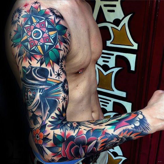 Bold Color Floral Surrealist Collage Sleeve Tattoo Ideas Tattoo on skin