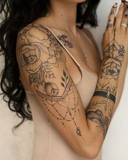 Botanical Jewel Tightlined Butterfly Sleeve Tattoo Tattoo on skin