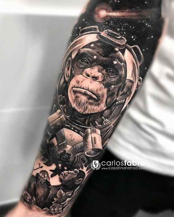 Chimpanzee Dreams of Space Travel Portrait Sleeve Tattoo Tattoo on skin