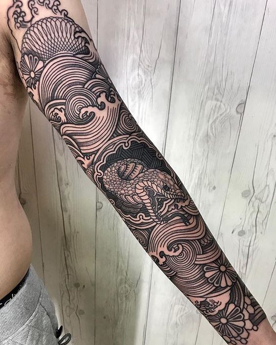 Circular Reptilian Floral Line Collage Sleeve Tattoo Tattoo on skin
