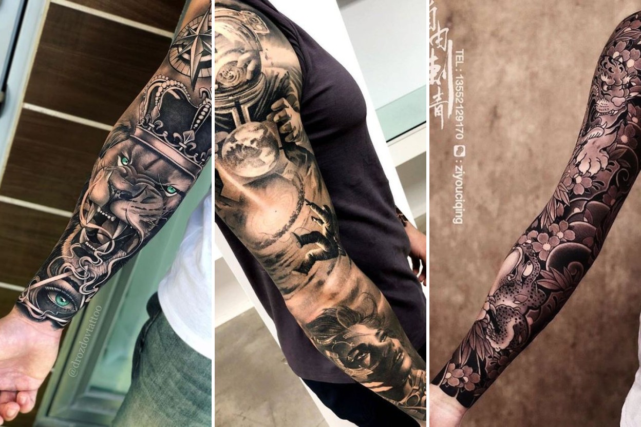 35+ Full Sleeve Tattoos Weaving Monumental Stories on Skin Featured 3-Panel Lookbook Collage