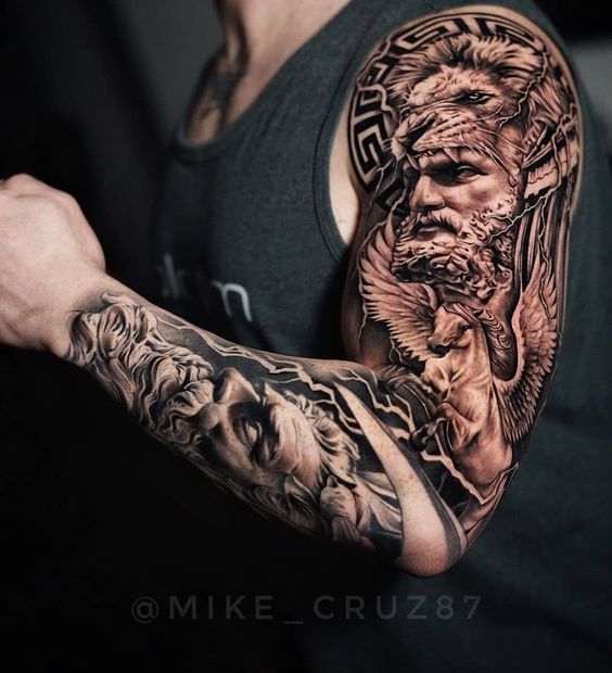 Greco-Roman Shaded Gods and Pegasus Sleeve Tattoo Tattoo on skin