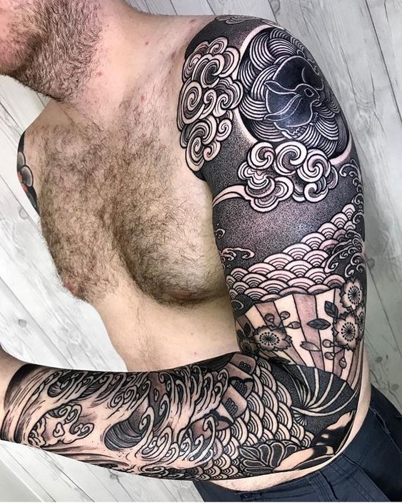 Japanese Style Fan and Seascape Sleeve tattoo Tattoo on skin