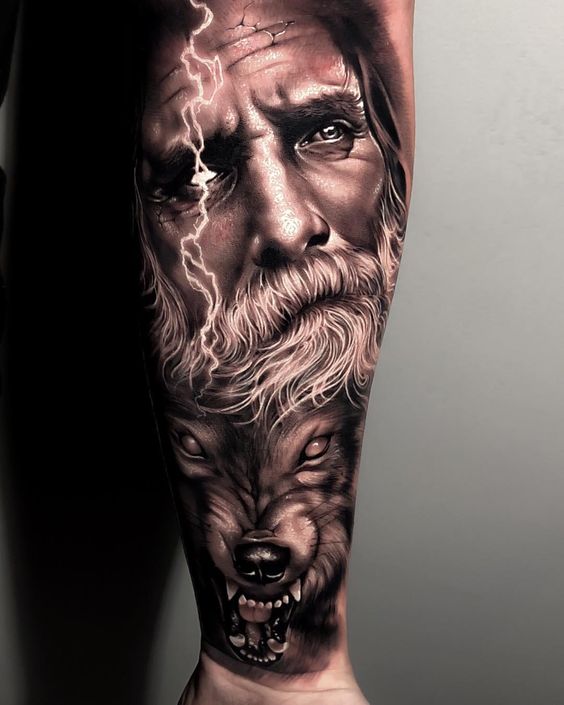 Lightning Eyed Man and Snarling Wolf Sleeve Tattoo Tattoo on skin