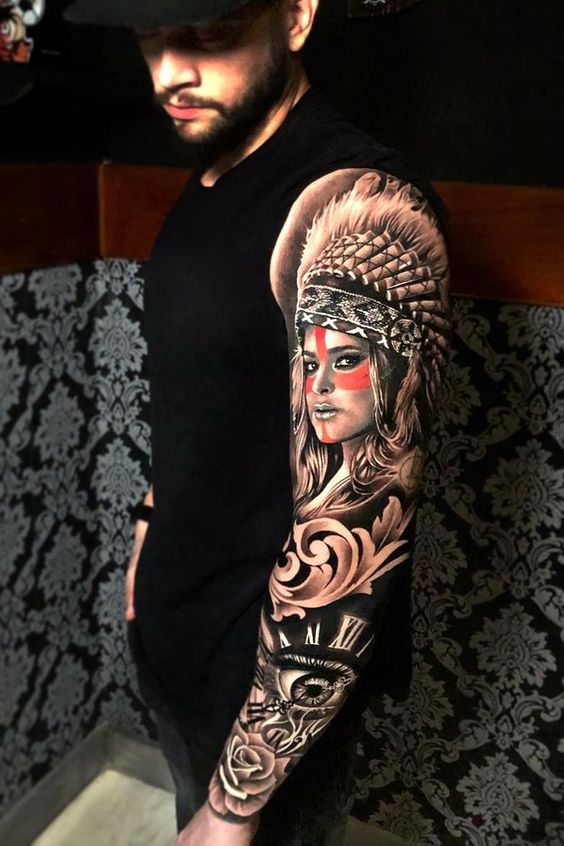 Native American Woman with Eye Clock Sleeve Tattoo Ideas Tattoo on skin