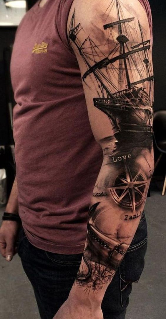 Nautical and Nostalgic Ship Sketch Scene Sleeve Tattoo Tattoo on skin