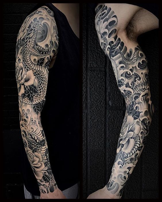 Oriental Flowers, Snake and Skull Sleeve Tattoo Tattoo on skin