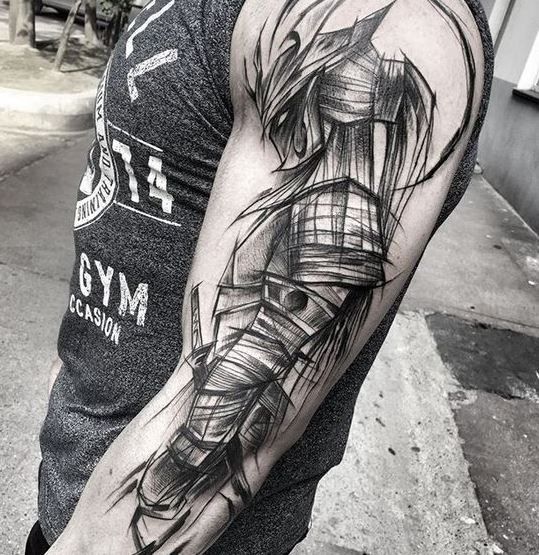 Scratch Art Cartoon Fighter Figure Sleeve Tattoo Tattoo on skin