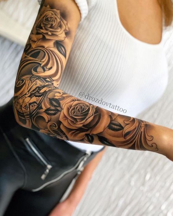 Shadowed Rose Clock Filigree Sleeve Tattoo Ideas Tattoo on skin