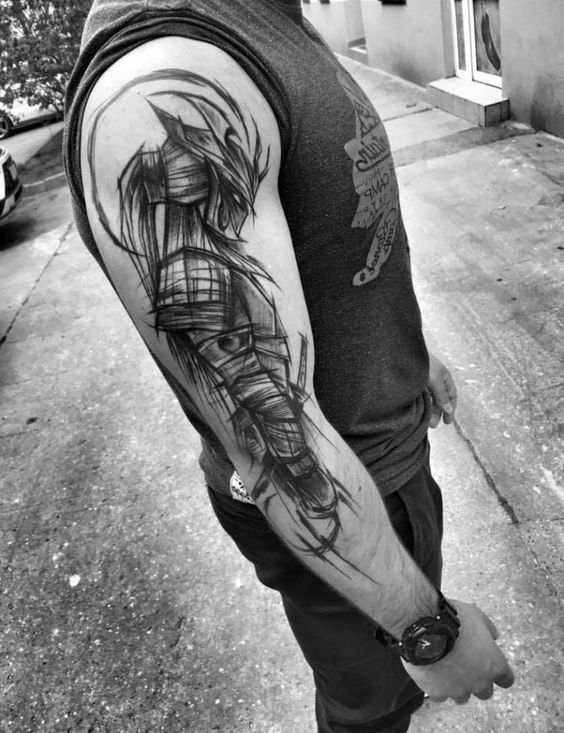 Sketched in Ghostly Warrior Sleeve Tattoo Tattoo on skin
