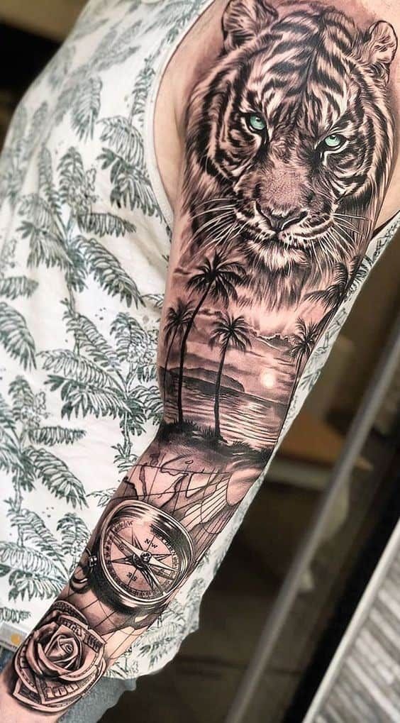 Staring Tiger Above a Tropical Landscape Sleeve Tattoo Tattoo on skin