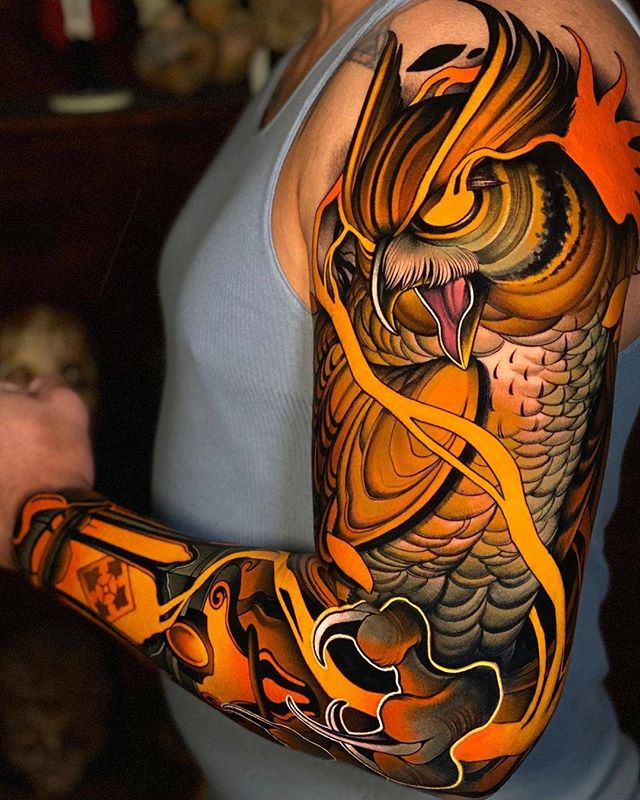 Sunset Owl Above Windowed Lamp Sleeve tattoo sleeve tattoos