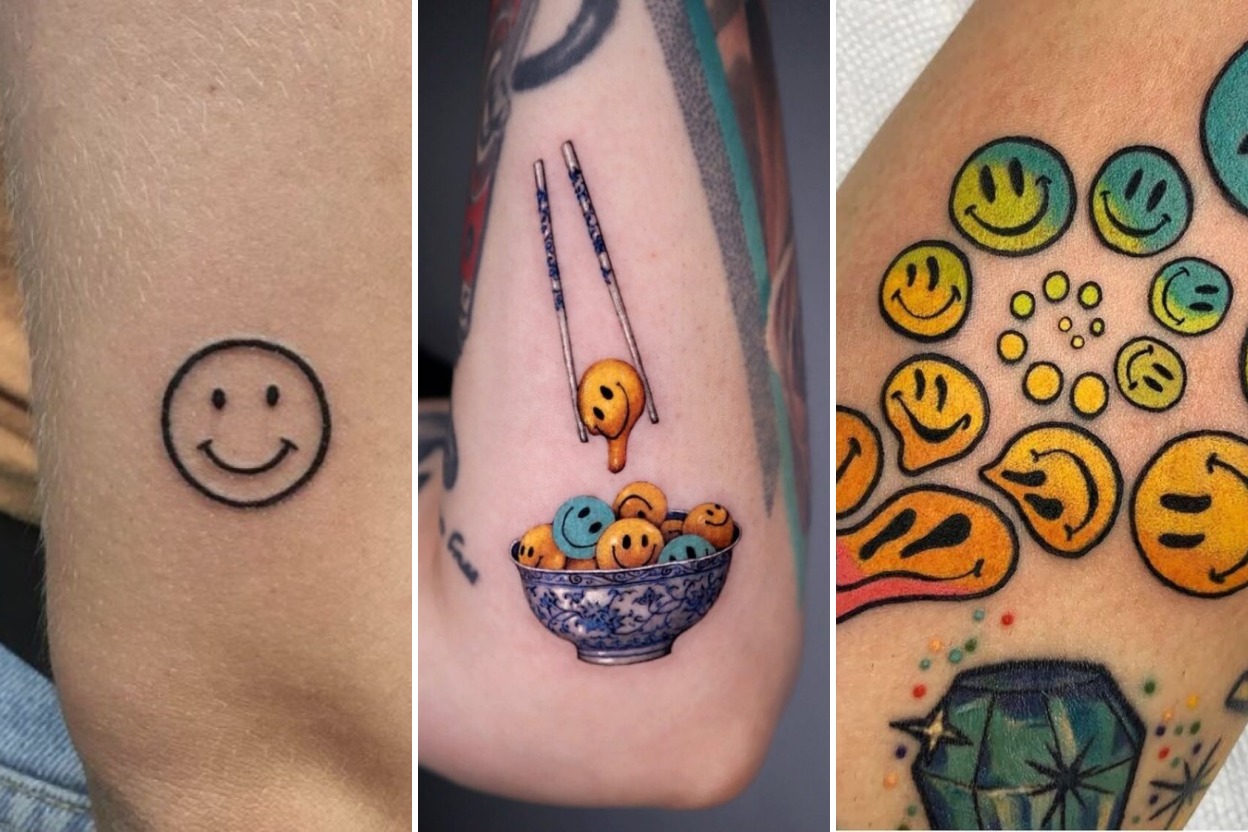 35+ Smiley Face Tattoo Ideas Spreading Instant Nostalgic Positivity Featured 3-Panel Lookbook Collage