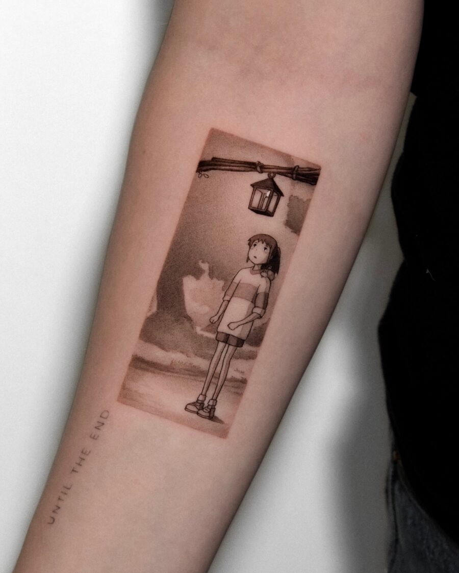 Charming depiction of Chihiro under a lantern Tattoo on skin