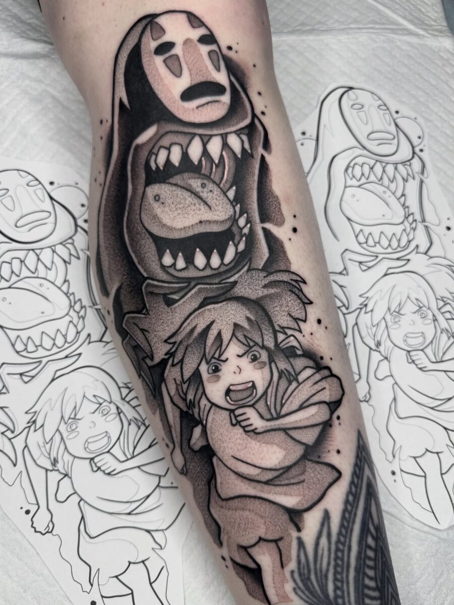Emotive tattoo of No Face and Chihiro Tattoo on skin