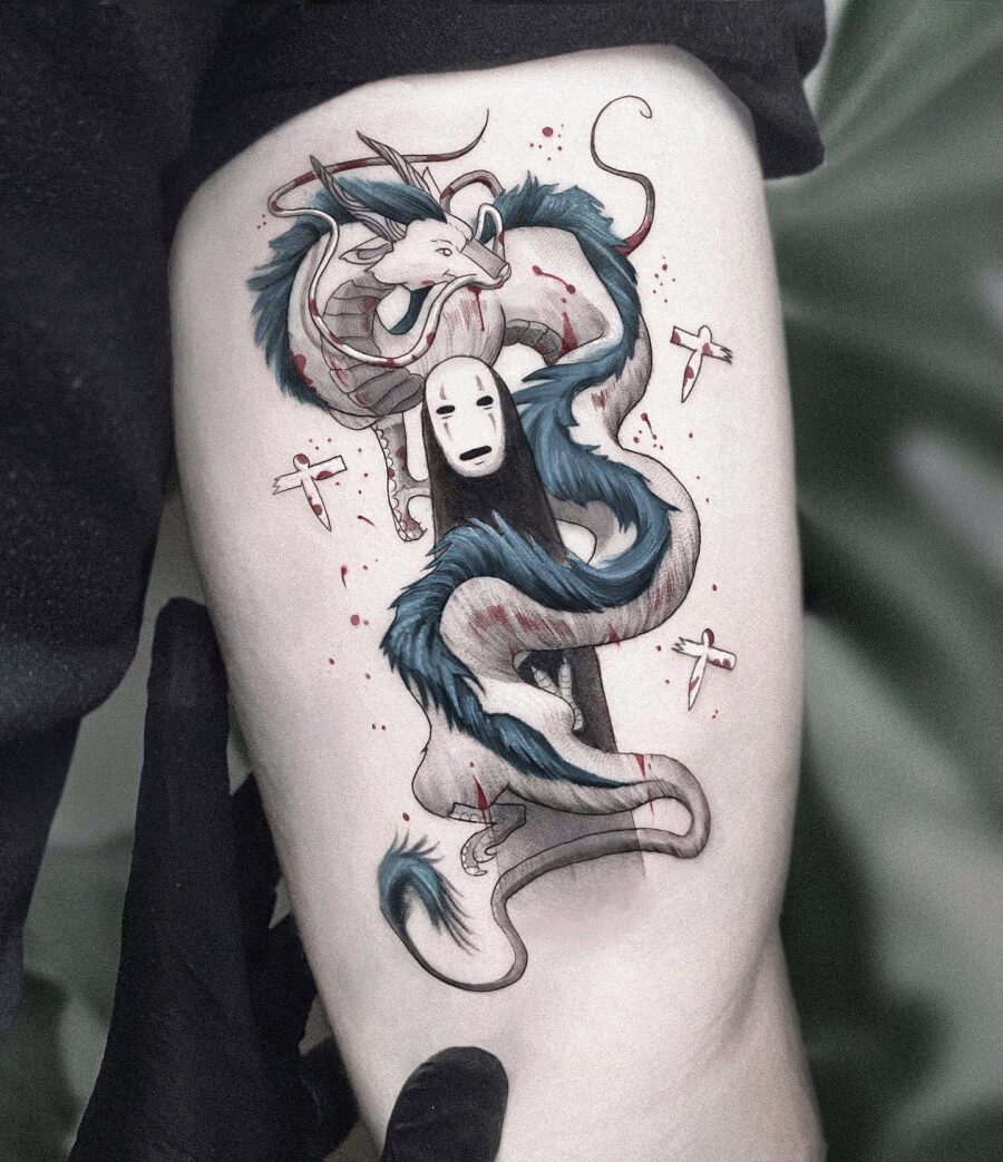 Intricate Kaonashi and Dragon Spirited Away Tattoo Tattoo on skin