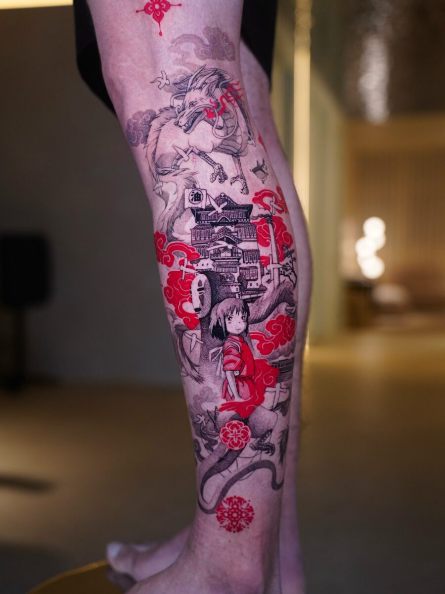 Vibrant Spirited Away Tattoo Design on Leg Tattoo on skin
