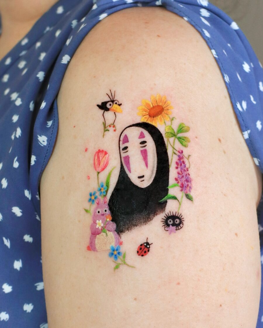 Whimsical No Face Tattoo with Nature Surroundings Tattoo on skin