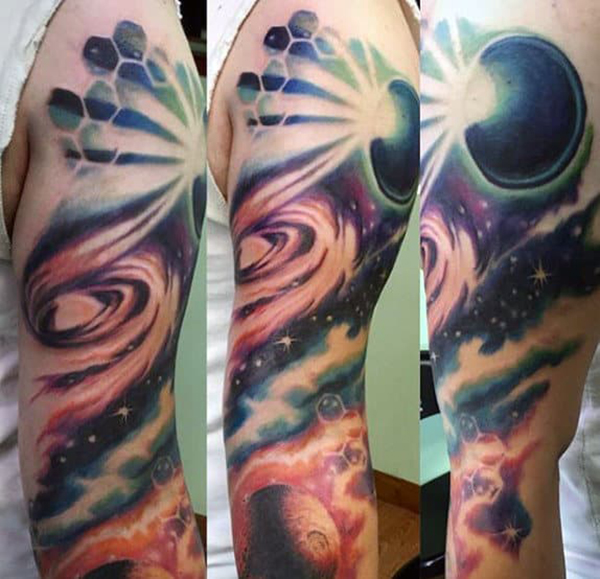 Colorful Outer Space Themed Sleeve Star Tattoo Designs Tattoo on skin