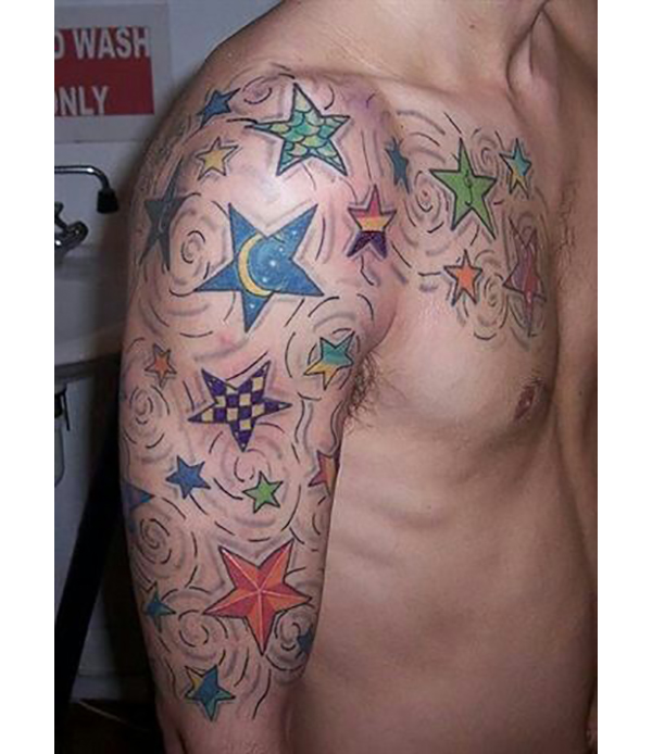 Colorful Patterned Star Tattoos Sleeve and Chest Tattoos Tattoo on skin