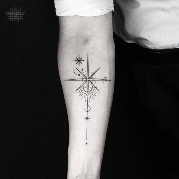 Eight Pointed Star Tattoo and Moon Tattoo on skin