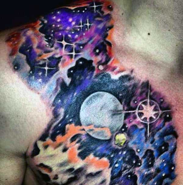 Galaxy, Star Tattoos, and a Planet Tattoo on skin